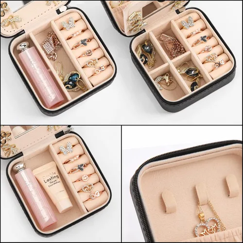 Vista 4 de XZUZ Joyero de viaje pequeño con espejo, organizador de joyas portátil, caja de almacenamiento para aretes, anillos, collares, joyería ase