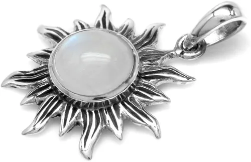 Vista 3 de Silvershake 8mm Cabochon Gemstone 925 Sterling Silver Sun Ray Inspired Solitaire Pendant