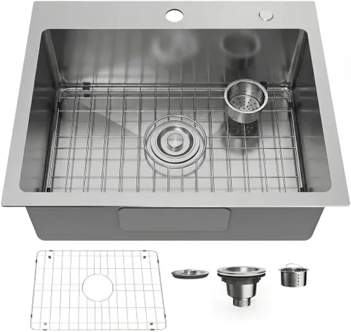 Vista 12 de Fregadero de cocina empotrable de 20" x 16" de acero inoxidable 304 de un solo compartimento montaje superior para bar con kit de drenaje y rejilla