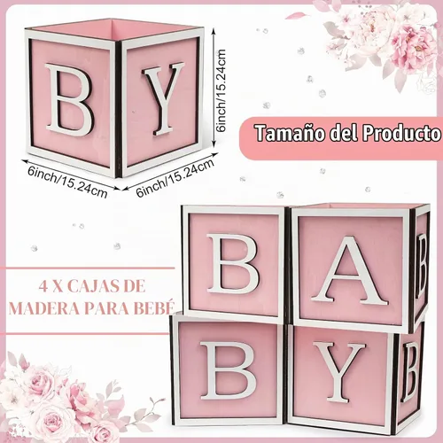 Vista 2 de Juego de 4 centros de mesa de baby shower para mesas, cajas de madera de 6 pulgadas con letras de bebé, cubos rústicos, bloques de madera para Rosa