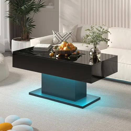 Vista 3 de HedoAjim - Mesa de café negra con LED y 2 cajones de almacenamiento para sala de estar, mesa rectangular de centro para sala de estar, mesas de café
