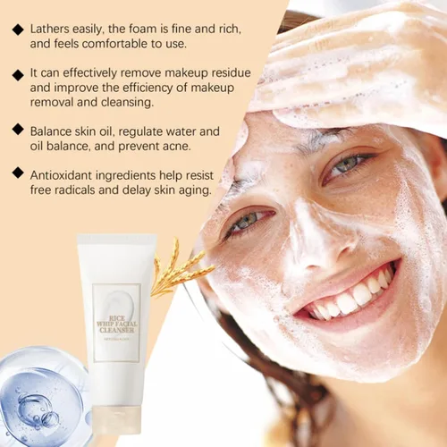 Vista 7 de Limpiador facial de arroz, limpiador espumoso suave, controla el aceite, hidrata e hidrata, nutre la piel, limpia los poros, fórmula suave adecuada