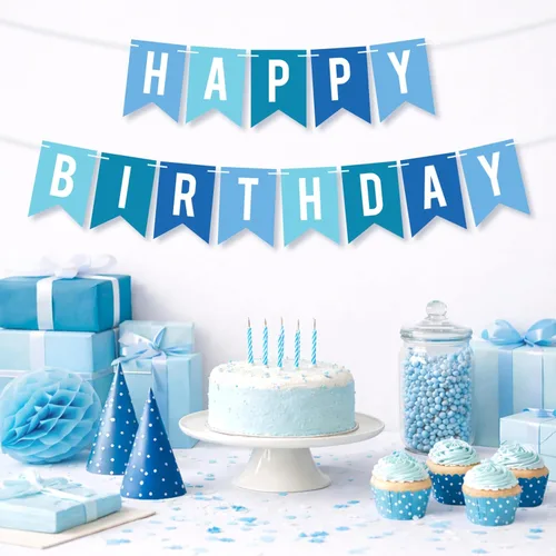 Vista 2 de Cartel de feliz cumpleaños pre-encordado, pancarta azul para fiesta de cumpleaños No DIY – Pre-encordado en hebras de 6 pies – Decoración azul
