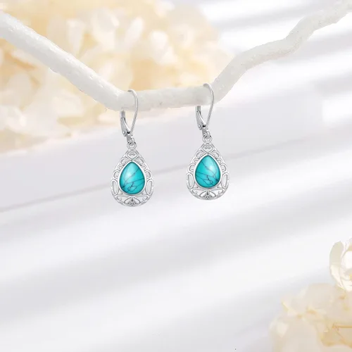Vista 228 de Aretes colgantes de plata de ley con diseño de árbol de la vida, flor, abeja, animales, gato, colibrí, piedra lunar, turquesa, aretes con cierre