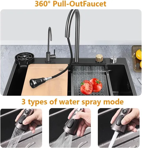 Vista 4 de ARTLINE Fregadero de cocina negro de un solo tazón, fregadero de cascada de acero inoxidable, fregadero de bar con lavaplatos, fregadero de estación