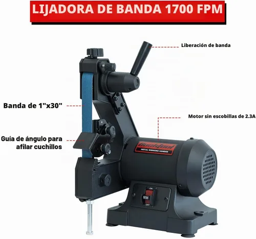Vista 3 de Lijadora de banda Bucktool 2.3A, lijadora de banda de 1x30 pulgadas de baja velocidad con guía de ángulo de afilado de cuchillos, lijadora de metal