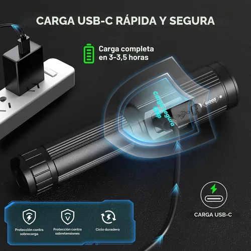 Vista 5 de 4 paquetes de linternas recargables de alto lúmenes 9900LX, linterna LED recargable con pantalla digital LCD, linterna ajustable de 5 modos