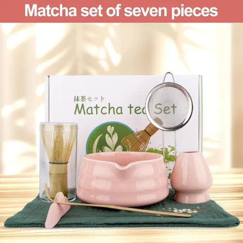 Vista 7 de [Usado] Juego de té Matcha de 7 piezas – Kit completo japonés Matcha con cuenco de cerámica, batidor y soporte de bambú, cuchara y reposo, tamiz