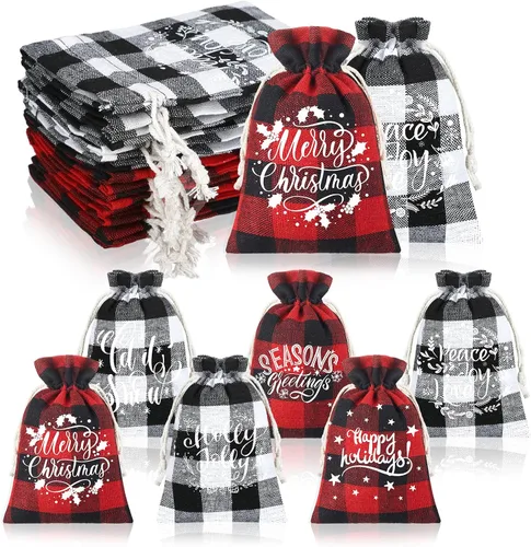 Vista 9 de Boao 24 piezas Bolsas de Navidad Bolsas de regalo con cordón de Navidad a cuadros de búfalo envoltura de regalo de algodón bolsa de dulces