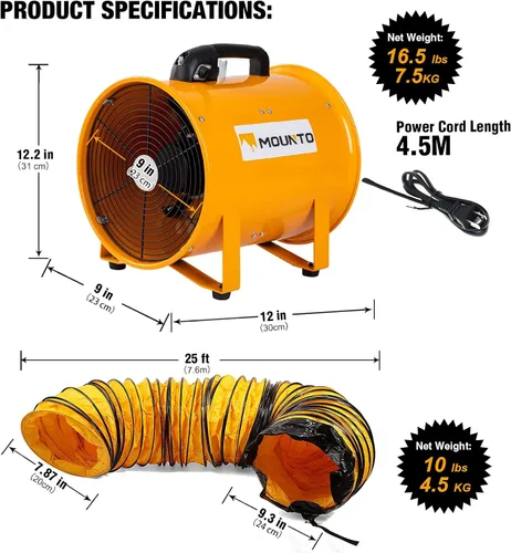 Vista 2 de MOUNTO Ventilador cilíndrico resistente COMBO con manguera de vinilo de 25 pies (8 pulgadas)