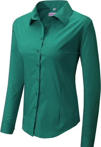 Vista 10 de Blusa de trabajo con botones para mujer, de algodón elástico, manga larga, ajuste delgado