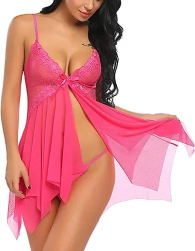 Vista 8 de Babydoll - Lencería de peluche para mujer, sexy, con abertura, malla, encaje, exótico, travieso, con tanga, lencería para mujer