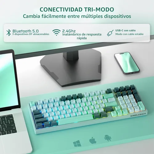 Vista 3 de LTC Nimbleback NB981 - Teclado mecánico inalámbrico al 95%, 2.4G/BT/USB-C con cable RGB 98 teclas, amortiguador de 3 capas, PCB de intercambio