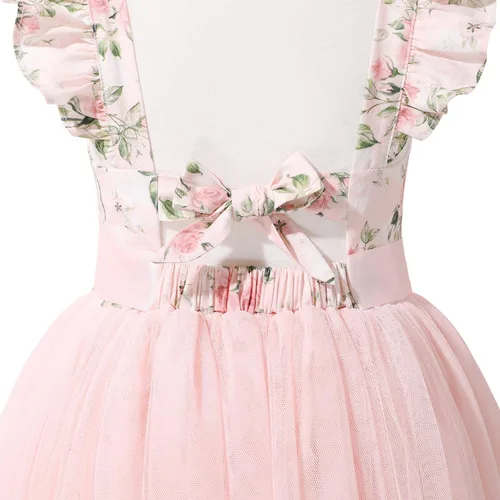 Vista 3 de Flofallzique Vestido de tul para niñas, floral de verano, para bodas, cumpleaños, Pascua, casual, para fiestas de té, para niños pequeños