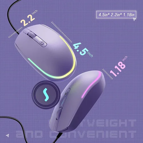 Vista 5 de Seenda Ratón con cable, mouse LED RGB retroiluminado con cable USB de 4.9 ft, 1600 DPI silencioso ergonómico portátil para computadora portátil