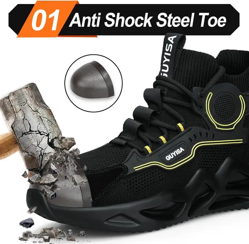 Vista 2 de LAoutun Zapatos de punta de acero para hombre, zapatos de construcción industrial, de corte medio, botas industriales, zapatos de trabajo cómodos