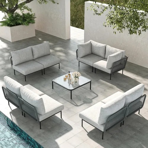 Vista 33 de LayinSun Juego de muebles de patio de aluminio de 7 piezas, sofá modular moderno con mesa auxiliar y cojín de grosor mejorado Gris claro