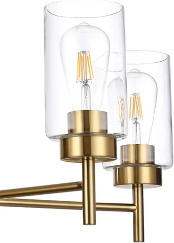 Vista 3 de Candelabro de granja de 5 luces para comedor, isla de cocina, modernos candelabros colgantes de latón cepillado con pantallas de vidrio transparente