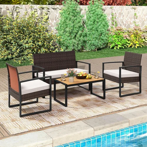 Vista 4 de Tangkula Juego de muebles de patio de 4 piezas, juego de conversación de ratán para exteriores con sillas acolchadas y mesa de centro de plástico