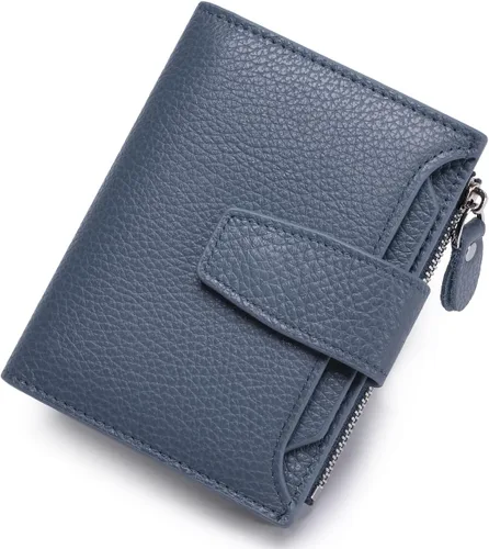 Vista 13 de Cartera de piel plegable con bloqueo RFID para mujer, tarjetero compacto con bolsillo con cremallera para monedas y 4 ventanas de identificación