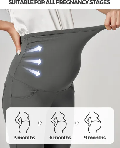 Vista 5 de Ewedoos Pantalones de maternidad pantalones de trabajo laterales fruncidos con bolsillos sobre el vientre, pantalones de vestir de embarazo