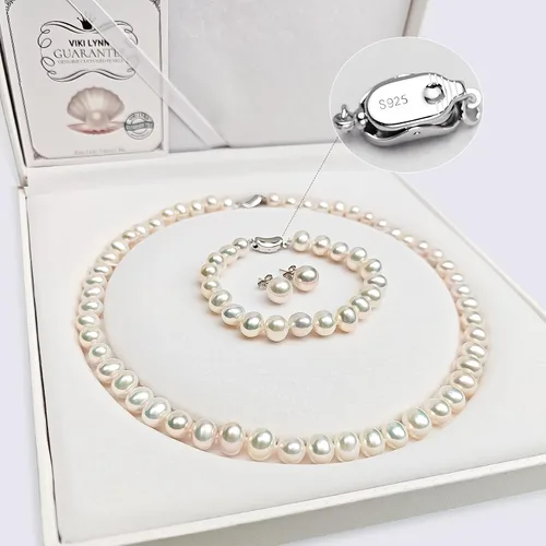 Vista 6 de VIKI LYNN Juego de Collar de Perlas Cultivadas de Agua Dulce Incluye Impresionante Pulsera y Aretes de Botón Joyería para Mujer Regalo para el Día