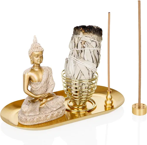 Vista 13 de ZenBless Quemador de incienso 5 en 1, soporte para palo, soporte para salvia, soporte de incienso para varillas de incienso, bobina, conos de Dorado