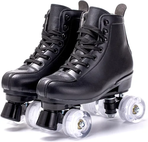 Vista 6 de Patines para mujer y hombre de caña alta en negro, de cuero sintético clásico, patines de doble fila ajustables para interiores y exteriores