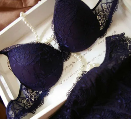 Vista 2 de Conjunto de brasier push up de encaje sólido para mujer, albaricoque, azul marino