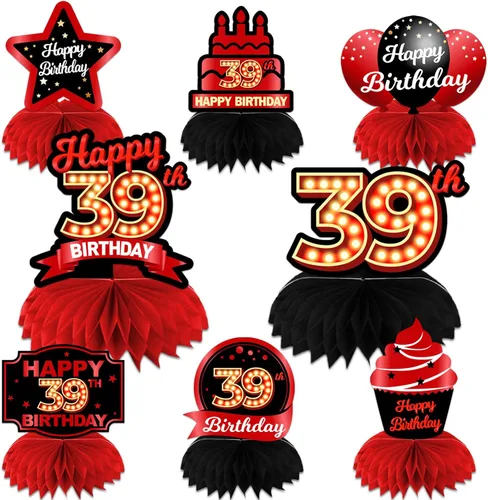 Vista 83 de Feliz 45 cumpleaños rojo y negro centros de mesa de panal de abeja decoraciones de globos decoración de mesa centros de mesa para niñas mujeres
