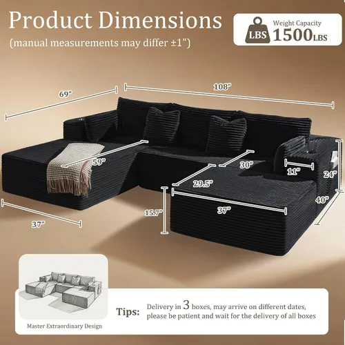 Vista 2 de Sofá modular de gran tamaño de 108 pulgadas, cómodo sofá deshuesado en forma de U para sala de estar, asientos extra profundos, sin montaje, sofá