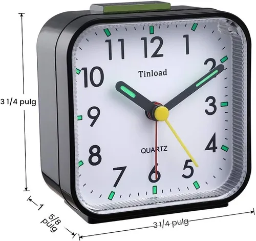 Vista 7 de Tinload Reloj despertador analógico de viaje con batería pequeño, silencioso, sin tictac, suave despertador, sonidos de pitido ascendente, Negro
