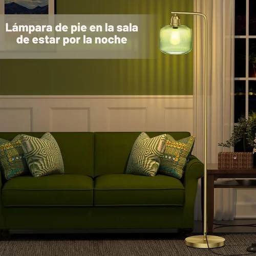Vista 6 de Lámpara de pie de cristal para sala de estar, moderna lámpara de pie con pantalla de vidrio acanalado verde e interruptor de pedal, lámpara de pie