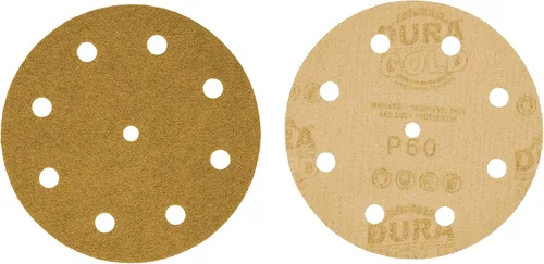 Vista 2 de Dura-Gold Discos de lijado dorados de 5 pulgadas de alta calidad, grano 60 (caja de 50), papel de lija con 9 agujeros sin polvo con gancho y bucle