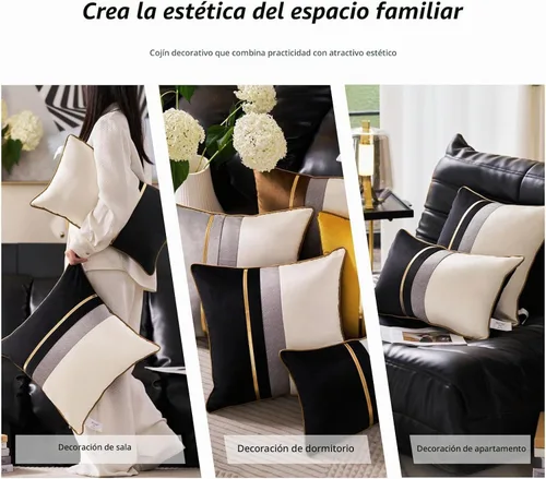 Vista 5 de Avigers - Funda de cojín decorativa de terciopelo, 20 x 20 pulgadas, diseño de rayas, cuero negro con blanco y dorado. Funda de cojín moderna