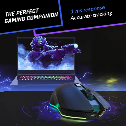 Vista 3 de KLIM Blaze Pro - Mouse inalámbrico recargable para juegos con base de carga RGB y pantalla LCD, nueva versión, sensor de alta precisión y batería