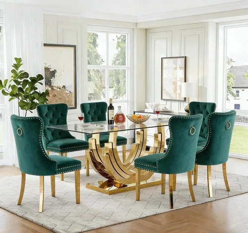 Vista 23 de Moderno juego de mesa de comedor de cristal de 5 piezas para 4, 70 pulgadas rectangular con 4 sillas copetudas de terciopelo beige, juego de mesa