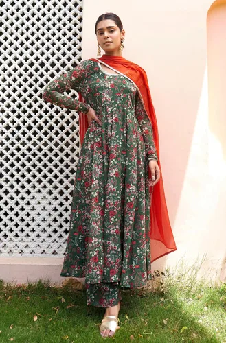 Vista 4 de Janasya Conjunto Kurta Embellecido con estampado floral digital rosa Georgette para mujer