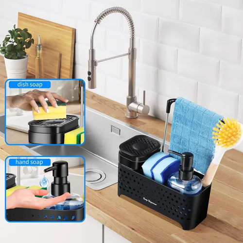 Vista 2 de Juego de dispensador de jabón de cocina, soporte de esponja para fregadero de cocina, dispensador de jabón de manos y platos con organizador