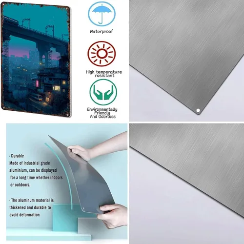 Vista 7 de Cartel de metal vintage Cyberpunk Cityscape divertido Vaporwave Night Street Poster Retro Pixel Aluminio 8x12 pulgadas para baño, sala de estar