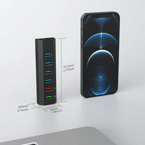 Vista 6 de Aiibe - Concentrador USB, 6 puertos USB 3.0 de súper alta velocidad + adaptador de corriente de 24 W + cable USB 3.0, cargador rápido inteligente