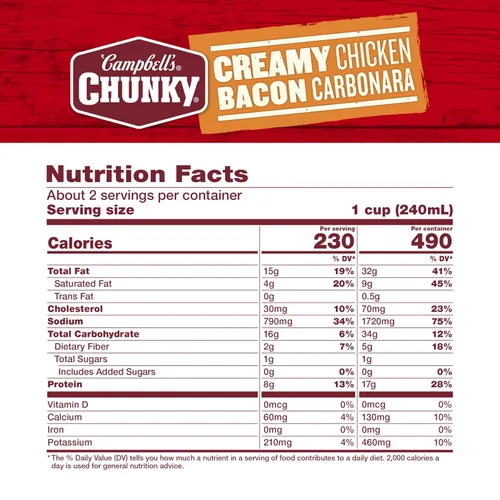 Vista 2 de Campbell's Chunky Sopa cremosa de pollo y tocino carbonara, lata de 18.8 onzas