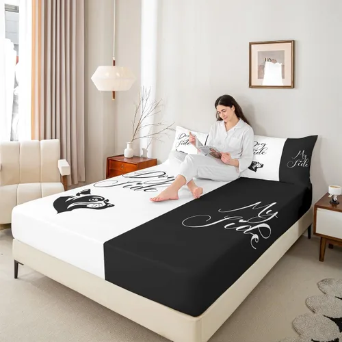 Vista 6 de Dog Side My Side - Juego de sábanas de tamaño Queen, color negro y blanco, sábana bajera ajustable para mujeres y hombres, sábanas románticas