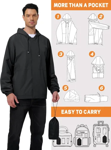 Vista 4 de Chaqueta impermeable para hombre, rompevientos, ciclismo, correr, senderismo, golf, viajes, capucha, ligera, plegable