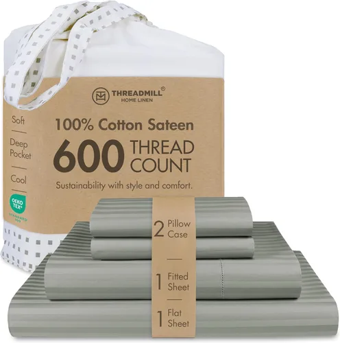 Vista 18 de Threadmill Sábanas de tamaño matrimonial, 100 % algodón puro de 600 hilos, 4 piezas, damasco, gris oscuro, calidad de hotel, sábanas de algodón