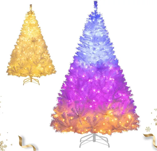 Vista 13 de HAPPYGRILL - Árbol de Navidad artificial preiluminado de 2.1 m, árbol de Navidad con nieve flocada y 320 luces LED multicolor, 8 modos de Snow Pe