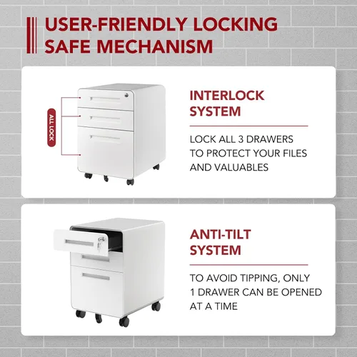 Vista 3 de SANODESK Archivador móvil de 3 cajones para archivadores de oficina en casa para almacenamiento debajo del escritorio, diseño de esquina redonda