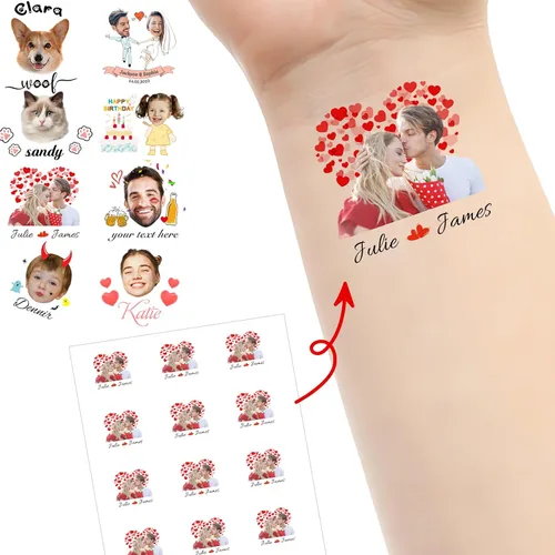 Vista 17 de Tatuajes personalizados temporales personalizados temporales con nombre, logotipo, foto facial para adultos, boda, cumpleaños, San Valentín