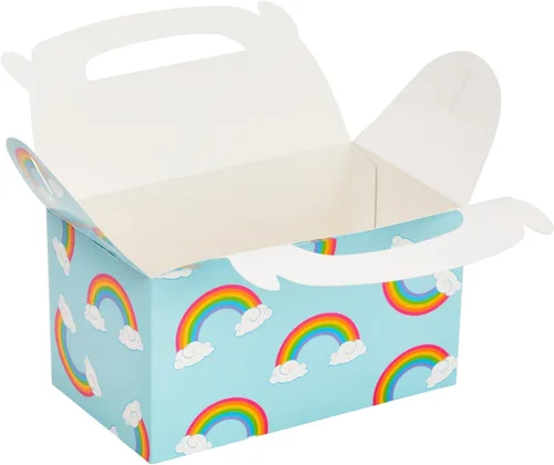 Vista 6 de Blue Panda Paquete de 24 cajas de recuerdos de fiesta a dos aguas de arco iris, caja a dos aguas fácil de desplegar con asa incorporada, bolsas