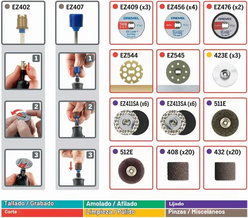 Vista 3 de Dremel EZ725 - Juego de accesorios de herramientas rotativas multiusos de 70 piezas con kit de almacenamiento, EZ-Lock y tambor EZ para cambios